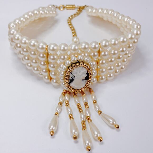 Victorian Revival Faux Pearl Cameo Statement Choker Multi Strand Necklace VTG - Picture 7 of 11